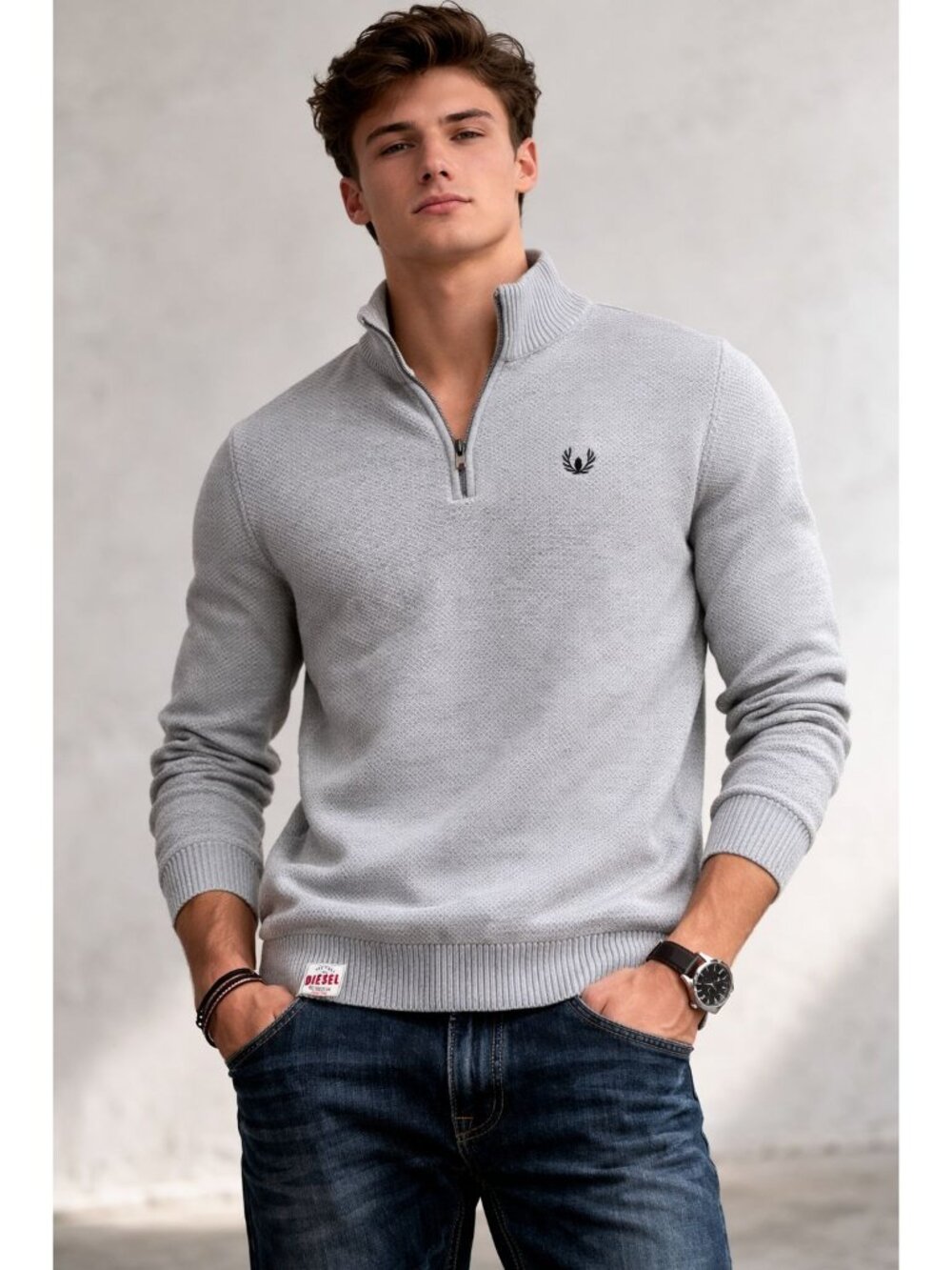 Diesel Men's gray textured quarter-zip sweater small logo on chest on the hem XL